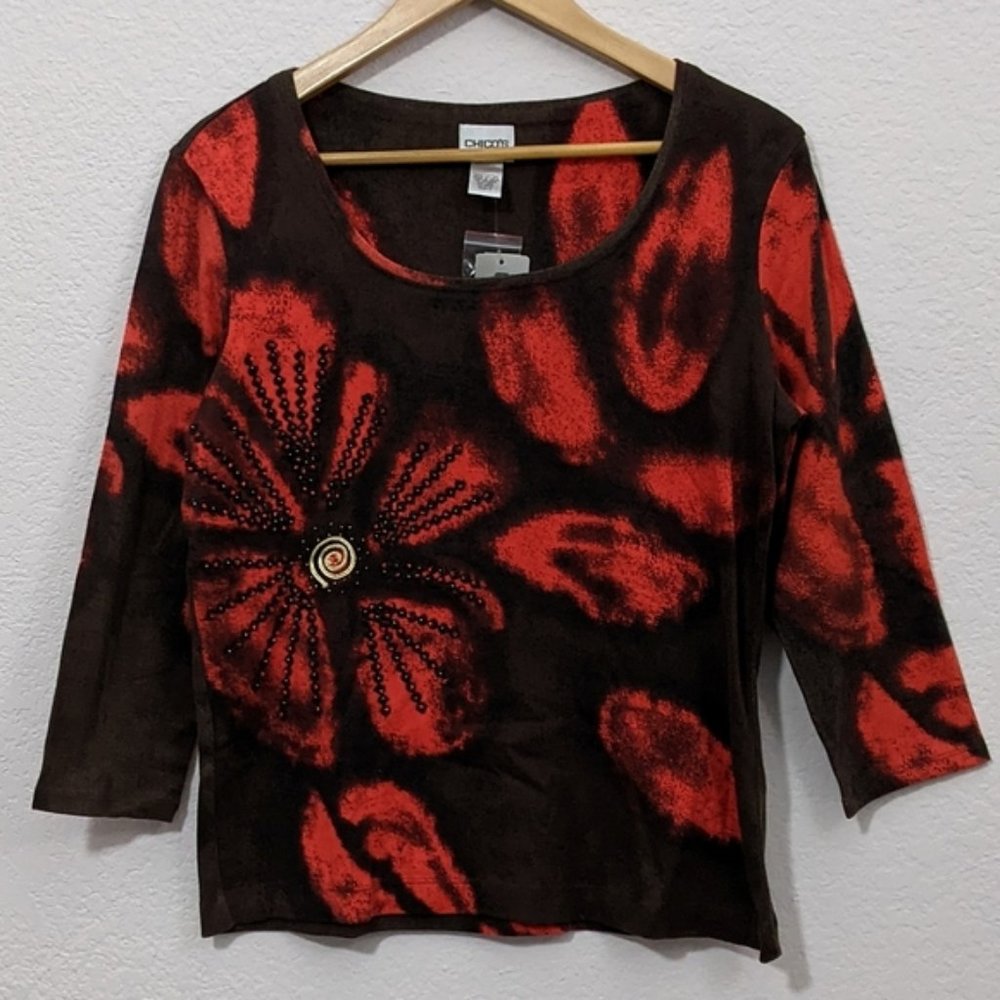 Chico's 3/4 Sleeve Embellished Floral Top, Red / Brown / Black / Gold